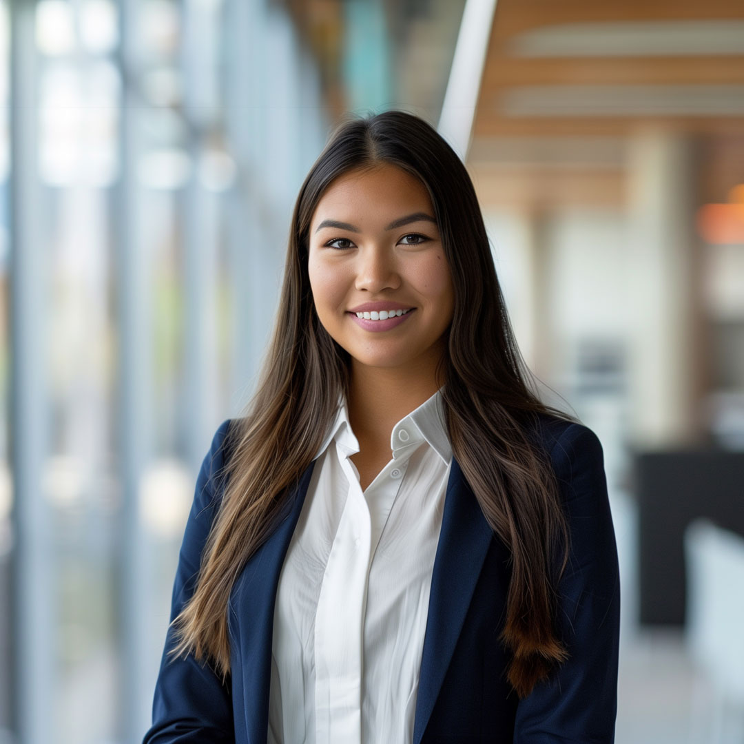 An Indigenous women wearing a business suit standing infront of a set of windows