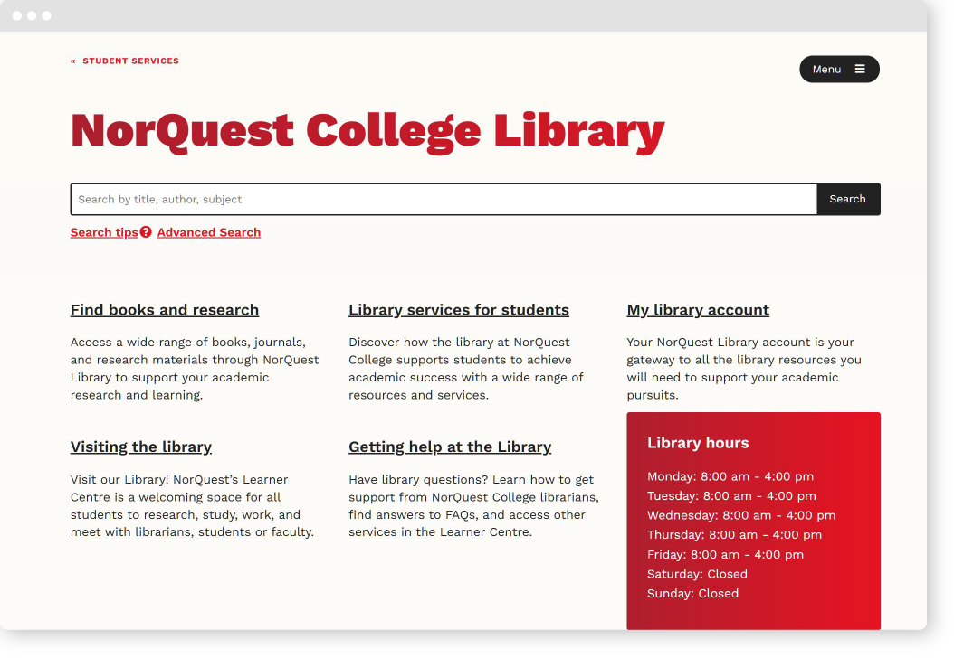 Screenshot of new library website