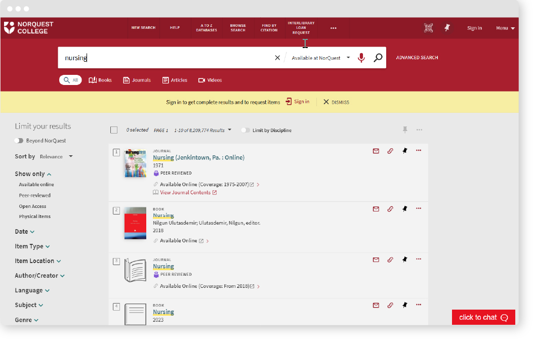 Screenshot of Library Search Results Page