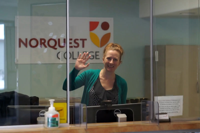 A women greeting students to the NorQuest Wetaskiwin campus